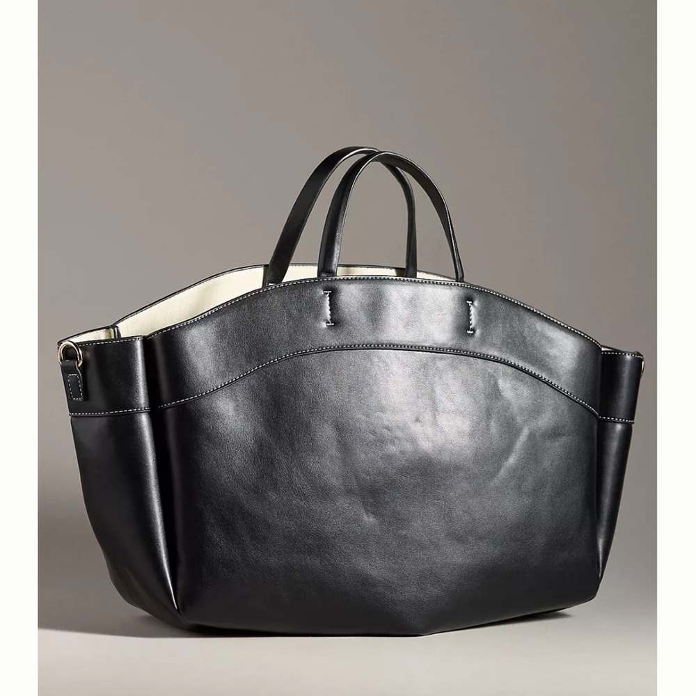 Anthropologie Black Leather Tote with Cream Lining